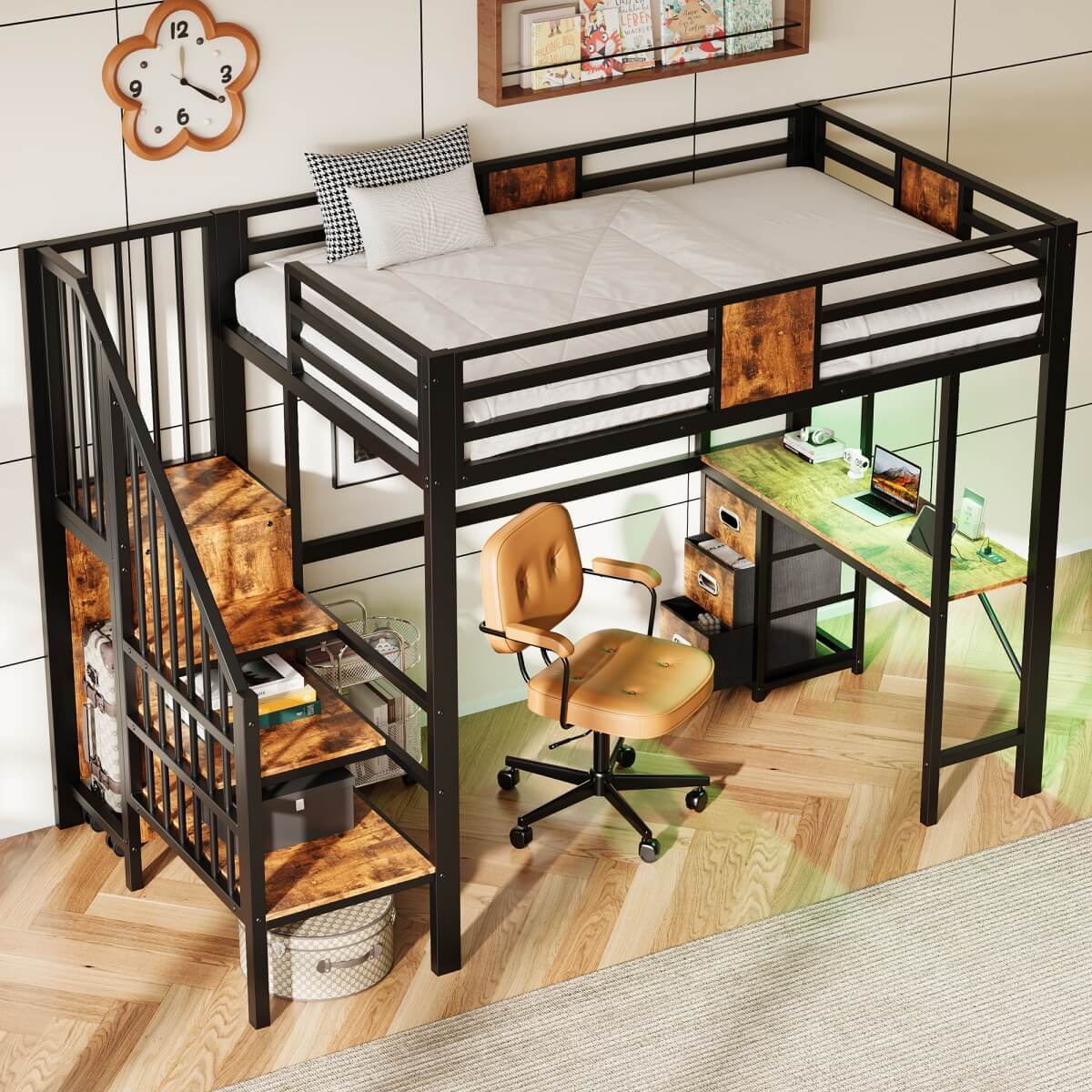 3ft Single Metal Loft Bed with LED Lights - High Sleeper Bed Frame with Built-In Desk, Charging Station, Pull-Out Fabric Storage Bins and Large Under-Bed Space, Black and Dark Walnut