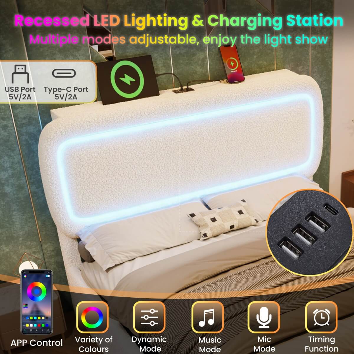 4ft6 Double Boucle Ottoman Bed Frame with Hydraulic Storage - RGB LED Lights, USB-C Charging Ports, Beige