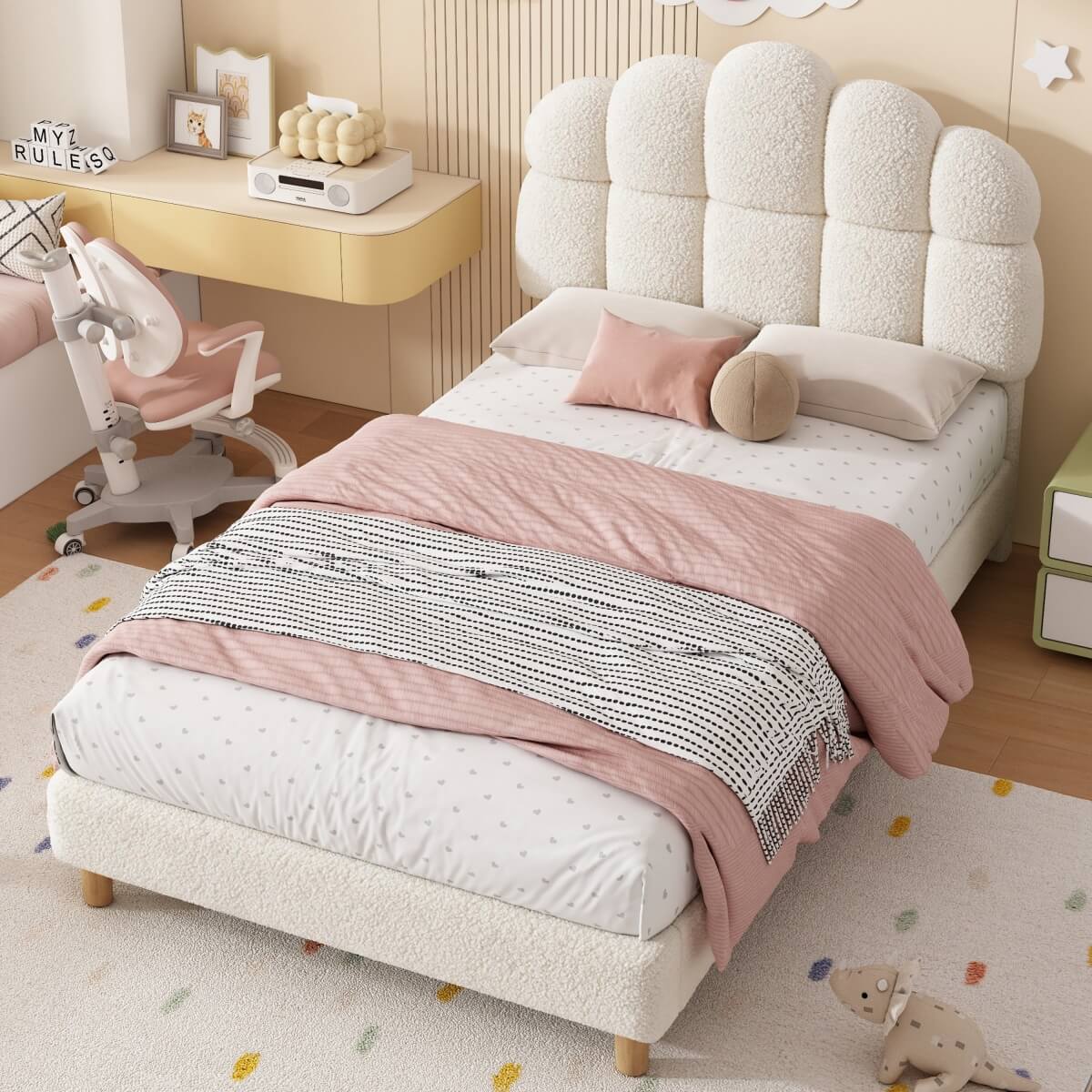 3ft Single Boucle Upholstered Bed Frame with Cloud-Shaped Headboard - Adjustable Headboard, Solid Wood Legs and Sturdy Support, No Box Spring Required, Cream White