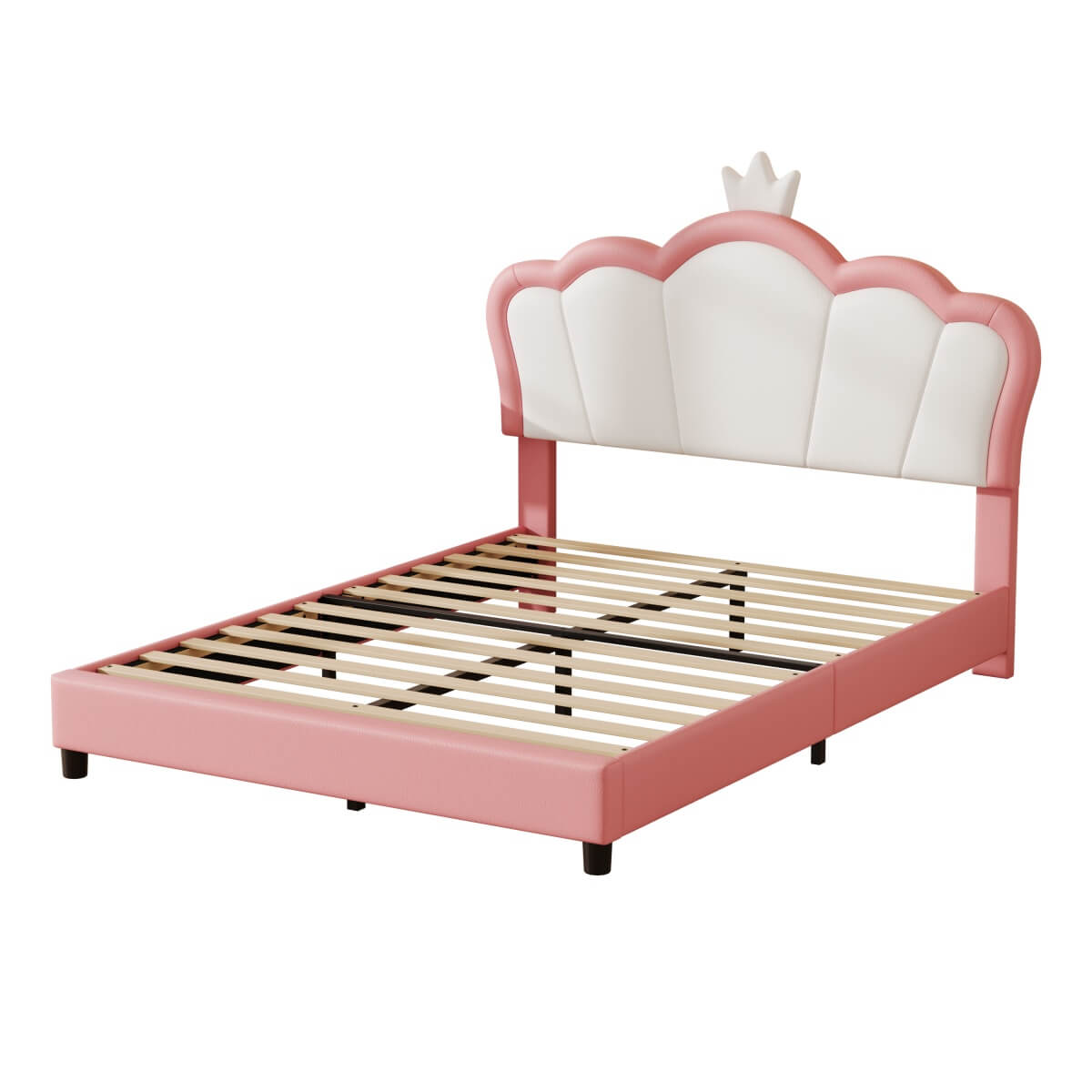 4ft6 Double Upholstered Bed Frame with Adjustable Crown Headboard - PU Platform Bed with Sturdy Support, Easy Assembly, Pink and White