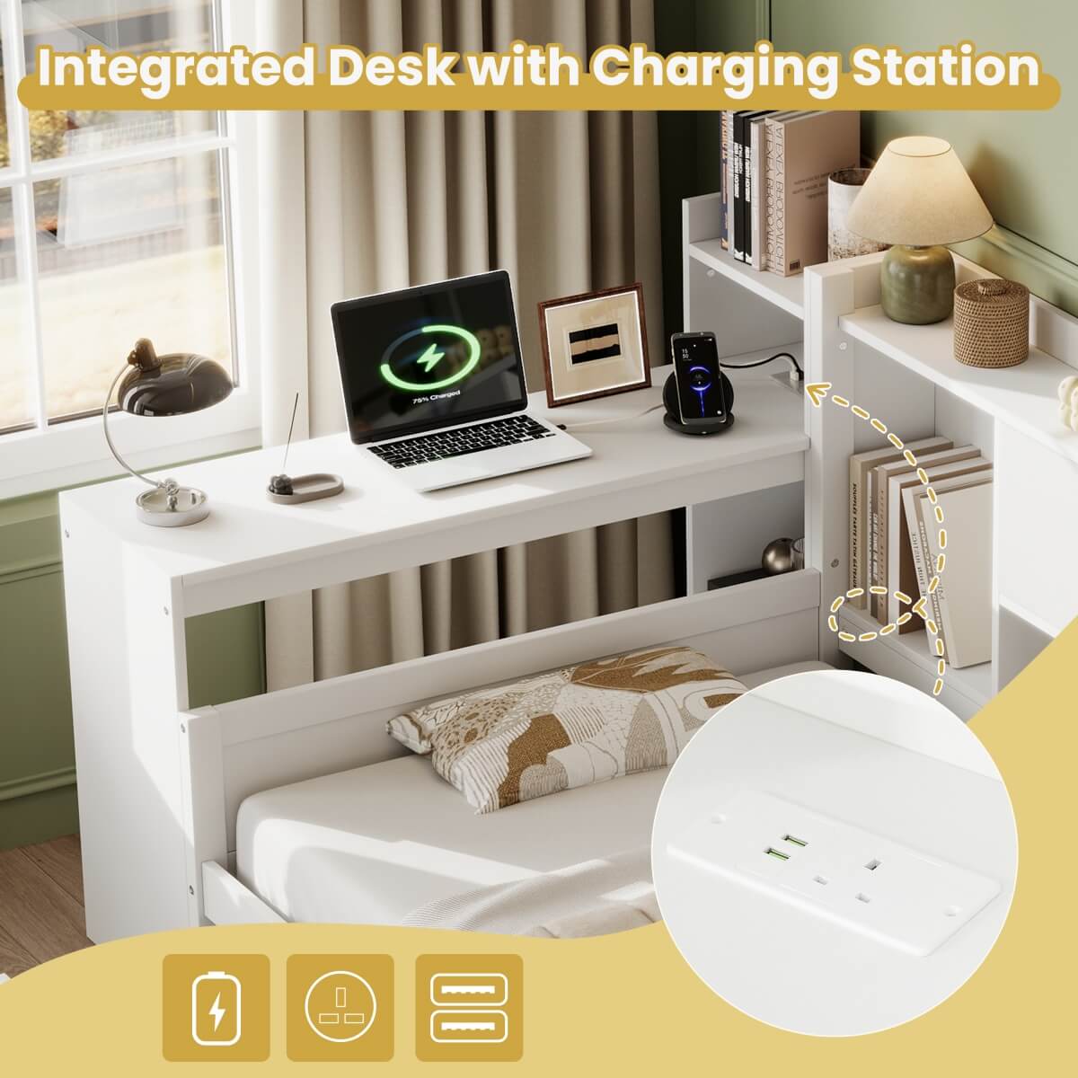 3ft Single Daybed with Storage Drawers & Bookcase – White Wooden Bed Frame with Desk and Charging Station