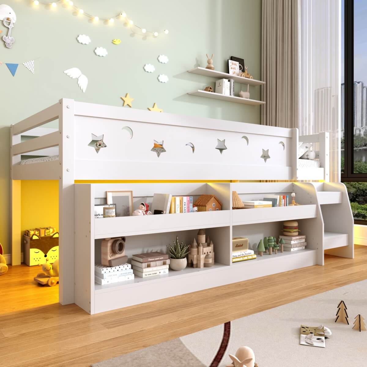 3ft Single Wooden Mid Sleeper Bed with LED Lights - Kids Bed Frame with Storage Stairs, Shelf, Under-Bed Space, Safety Guard Rails and Moon and Star Design, White