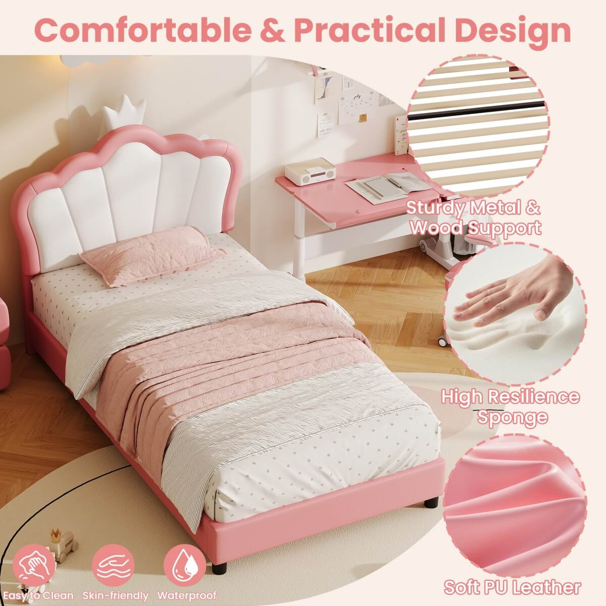 3ft Single Upholstered Bed Frame with Adjustable Crown Headboard - PU Platform Bed with Sturdy Support, No Box Spring Required, Pink and White