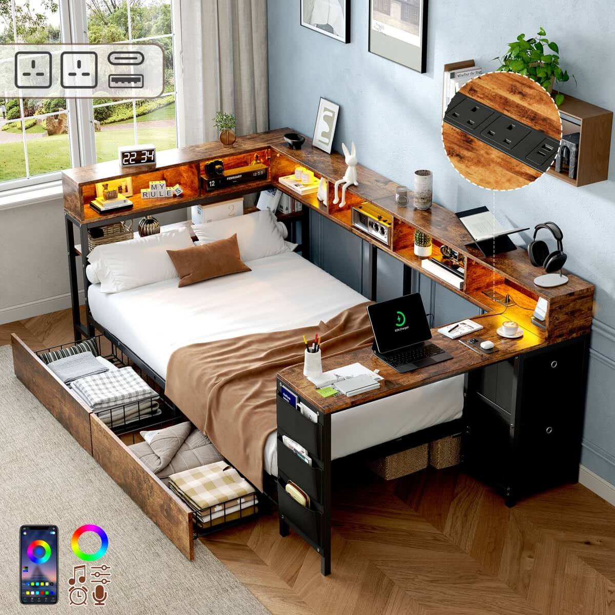 3ft Single Metal Bed Frame with Storage Drawers - LED Bed with Bedside Shelves, Charging Station, Built-In Desk and Fabric Storage Bin, Black and Dark Walnut