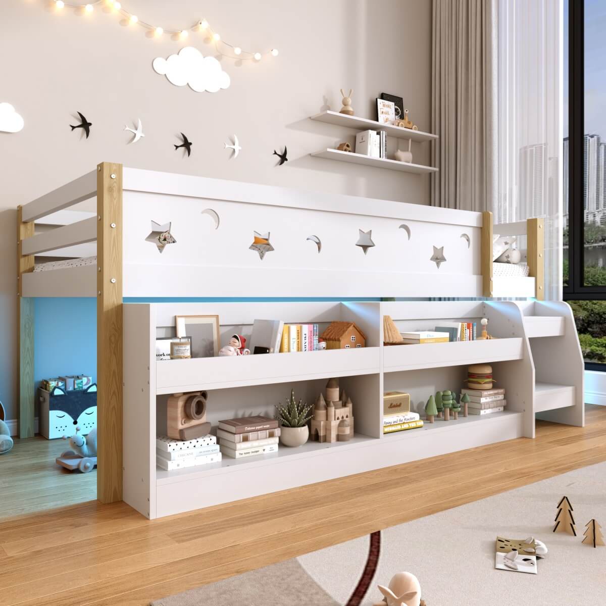 3ft Single Wooden Mid Sleeper Bed with LED Lights - Kids Bed Frame with Storage Stairs, Shelf, Under-Bed Space, Safety Guard Rails and Moon and Star Design, Natural Wood and White