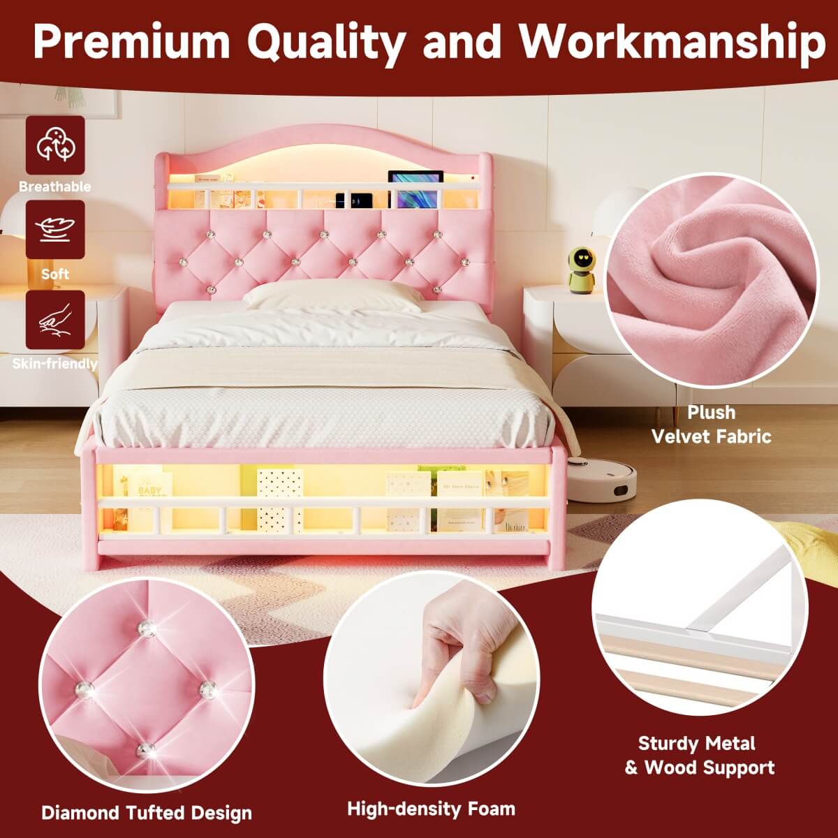 3ft Single Velvet LED Bed with Storage & Charging Station - Upholstered Pink Bed Frame