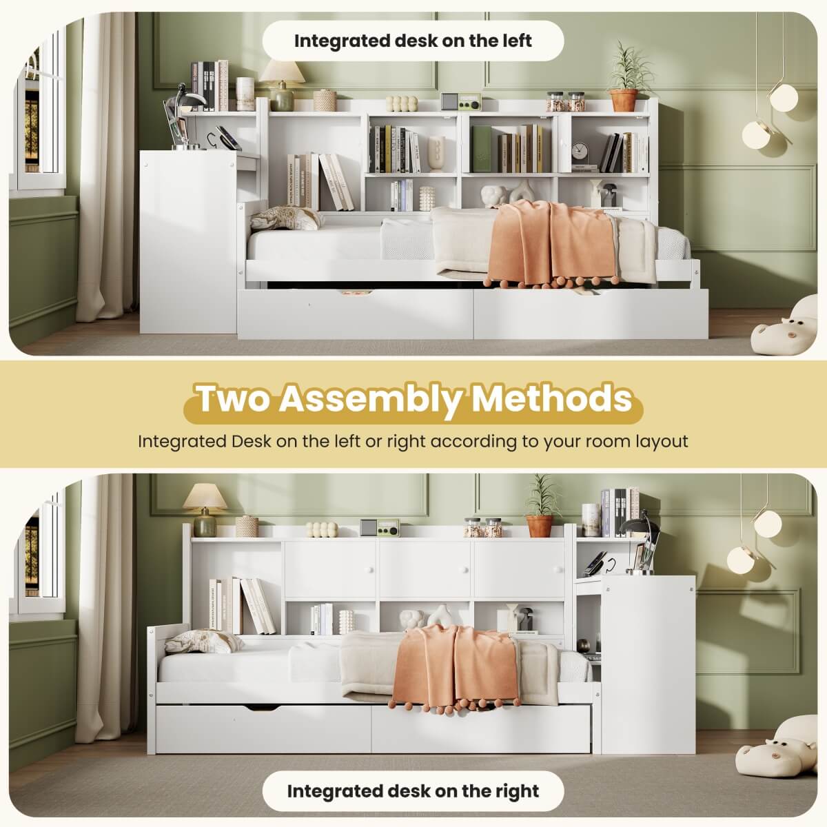 3ft Single Daybed with Storage Drawers & Bookcase – White Wooden Bed Frame with Desk and Charging Station