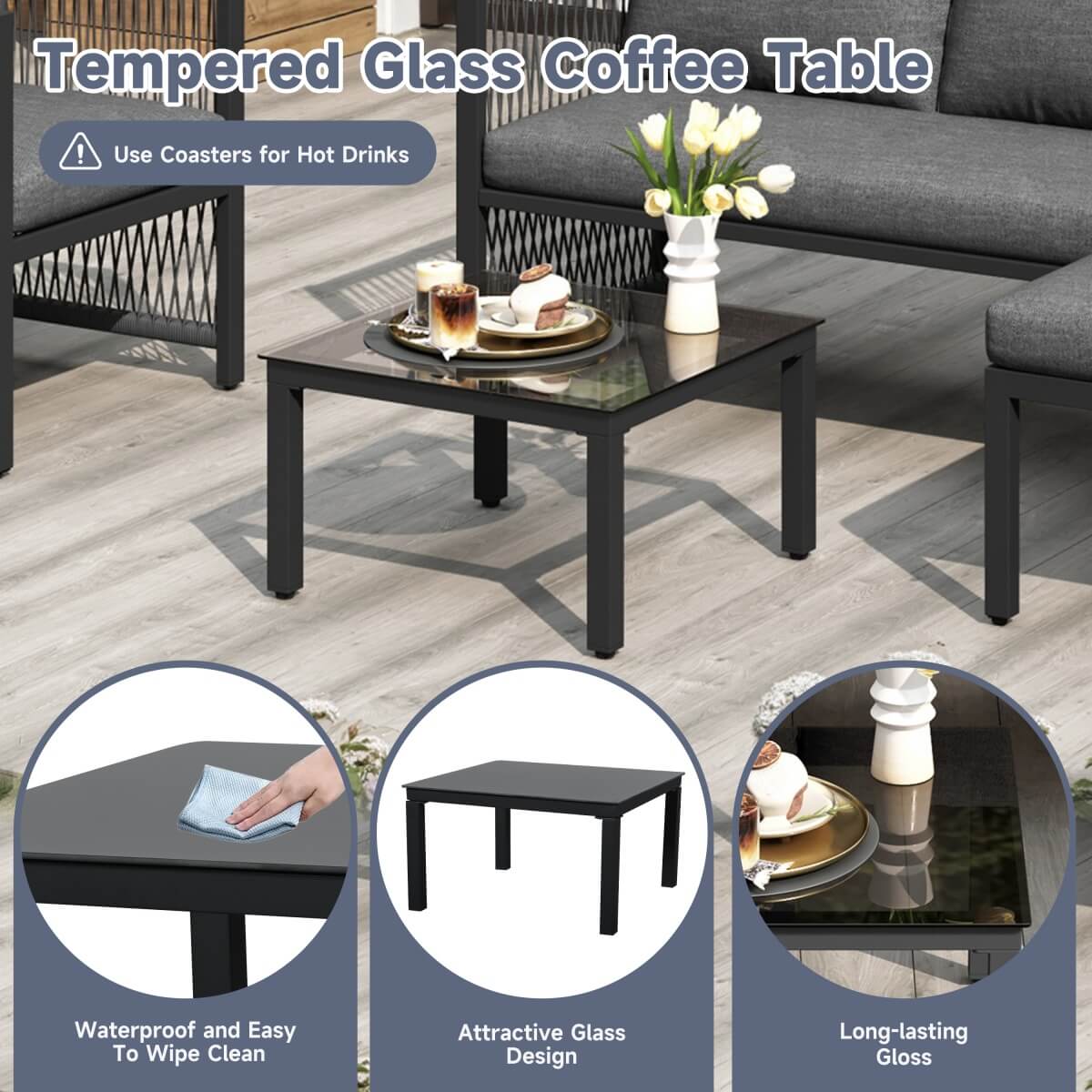 4-5 Seater Garden Sofa Set - Outdoor Patio Corner Furniture with Tempered Glass Coffee Table