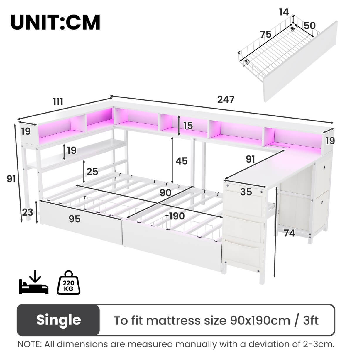 3ft Single Metal Bed Frame with Storage Drawers - LED Bed with Bedside Shelves, Charging Station, Built-In Desk and Fabric Storage Bin, White