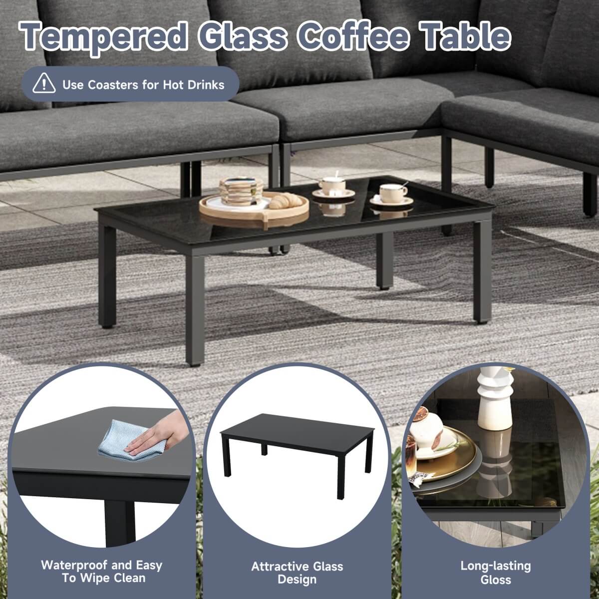 5-6 Seater Garden Corner Sofa Set - Outdoor Patio Furniture with Tempered Glass Coffee Table