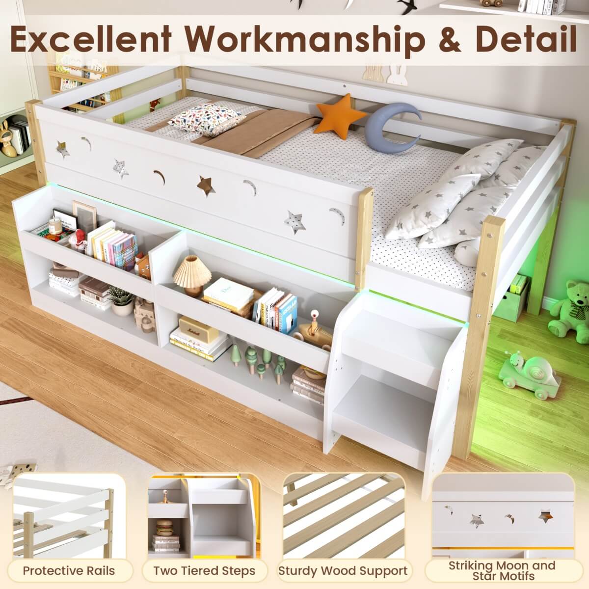 3ft Single Wooden Mid Sleeper Bed with LED Lights - Kids Bed Frame with Storage Stairs, Shelf, Under-Bed Space, Safety Guard Rails and Moon and Star Design, Natural Wood and White