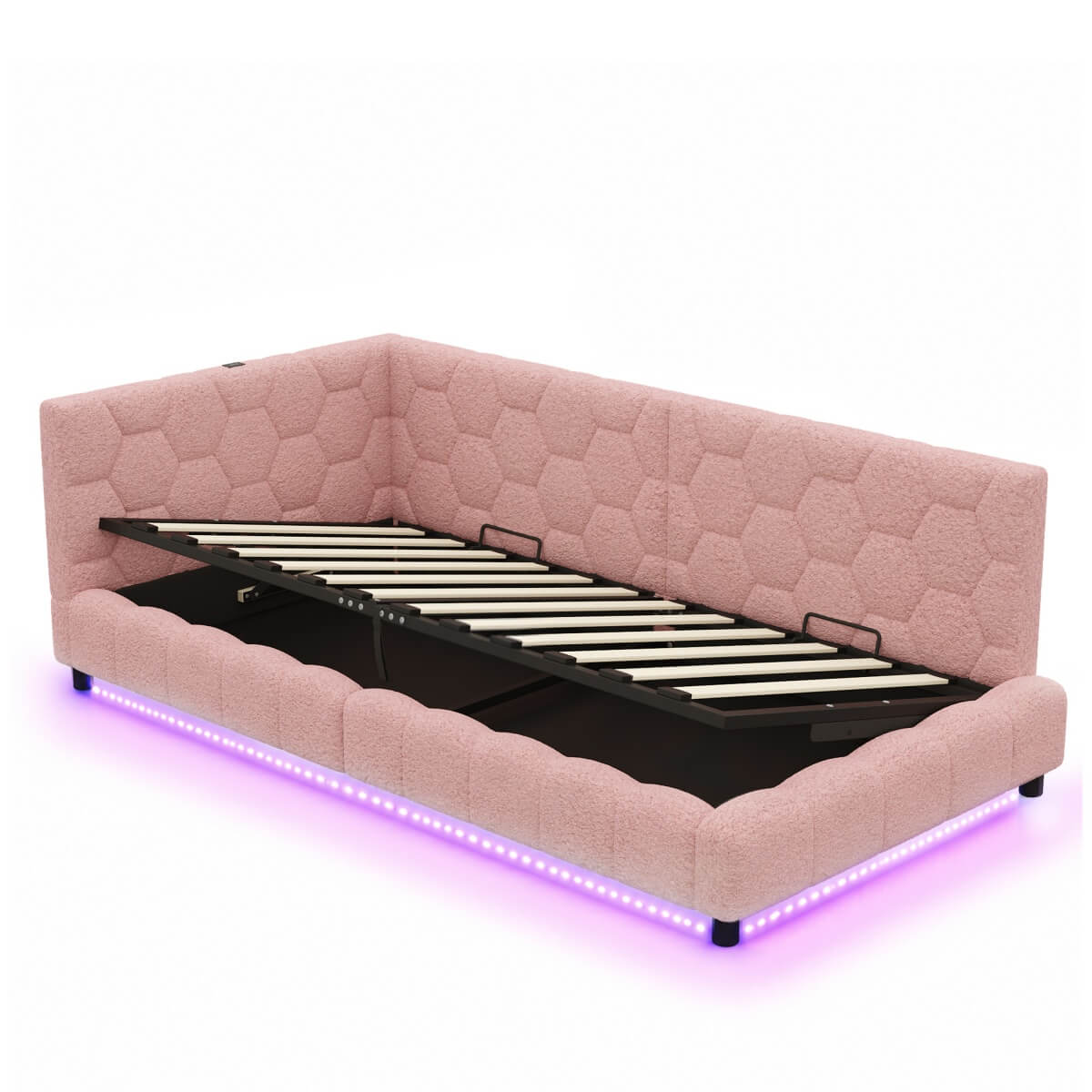 3ft Single Boucle Hydraulic Storage Bed - Side Opening Bed with RGB LED Lights and Charging Station, Pink