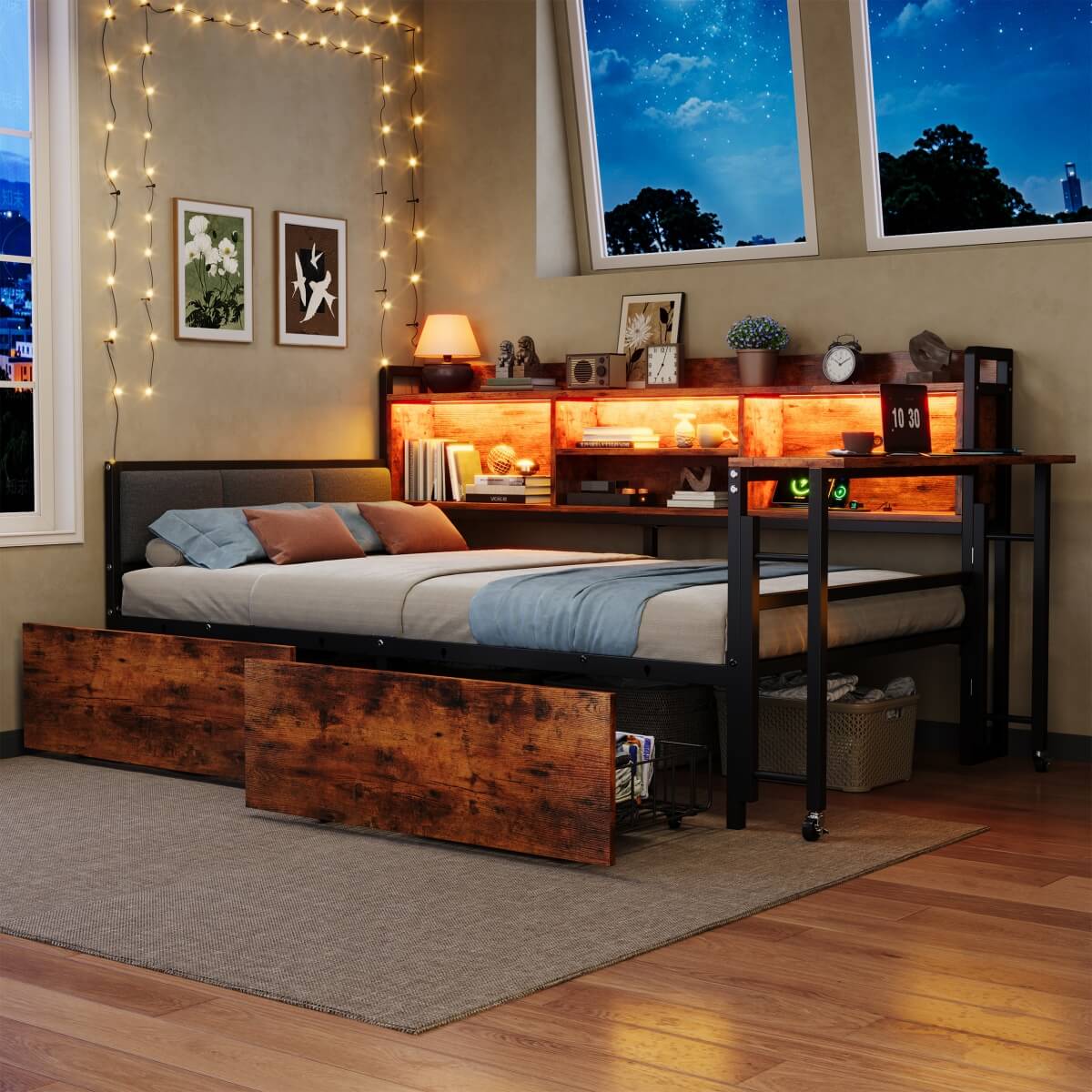 3ft Single Metal Bed Frame with Storage Drawers and Bookcase - L-Shaped Storage Bed with LED Lights, Charging Station, Linen Headboard and Folding Tabletop, Black and Dark Walnut
