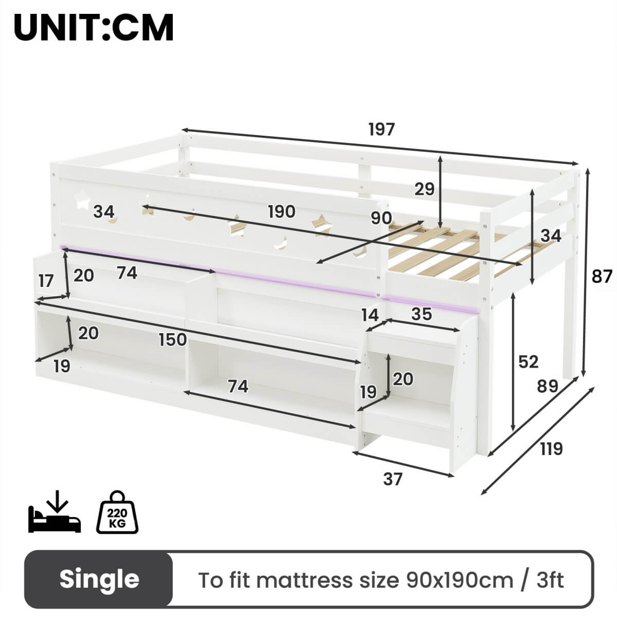 3ft Single Wooden Mid Sleeper Bed with LED Lights - Kids Bed Frame with Storage Stairs, Shelf, Under-Bed Space, Safety Guard Rails and Moon and Star Design, White