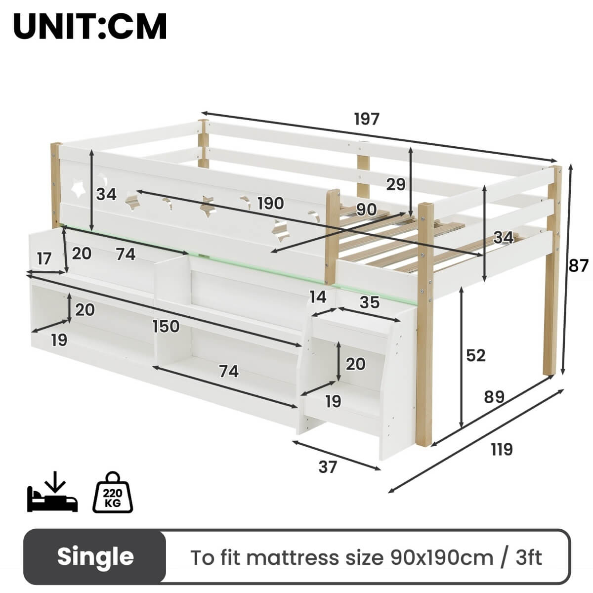 3ft Single Wooden Mid Sleeper Bed with LED Lights - Kids Bed Frame with Storage Stairs, Shelf, Under-Bed Space, Safety Guard Rails and Moon and Star Design, Natural Wood and White