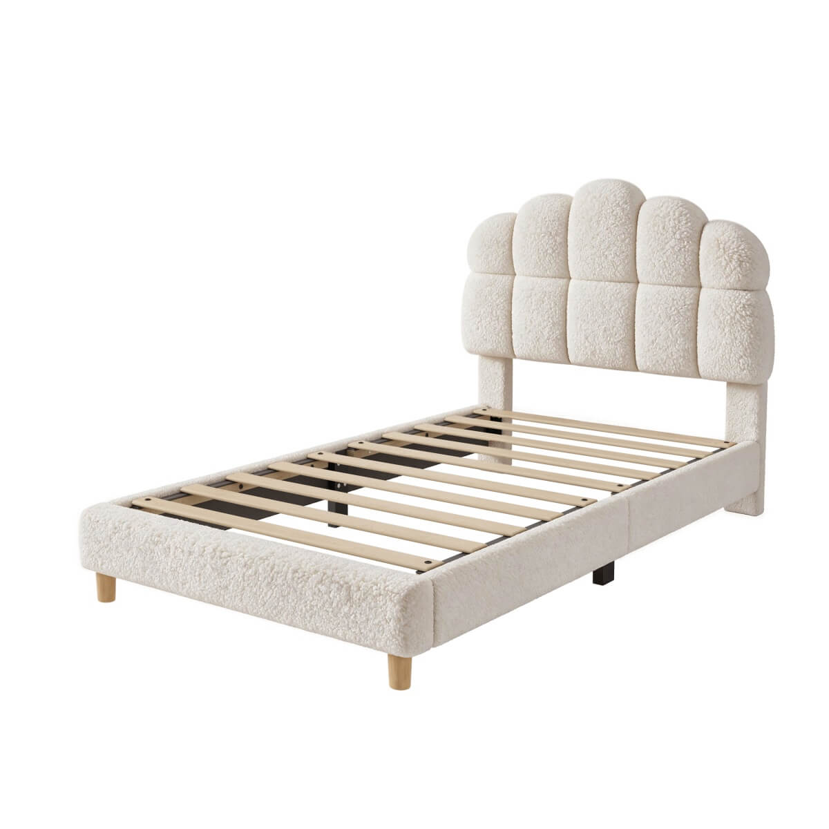 3ft Single Boucle Upholstered Bed Frame with Cloud-Shaped Headboard - Adjustable Headboard, Solid Wood Legs and Sturdy Support, No Box Spring Required, Cream White