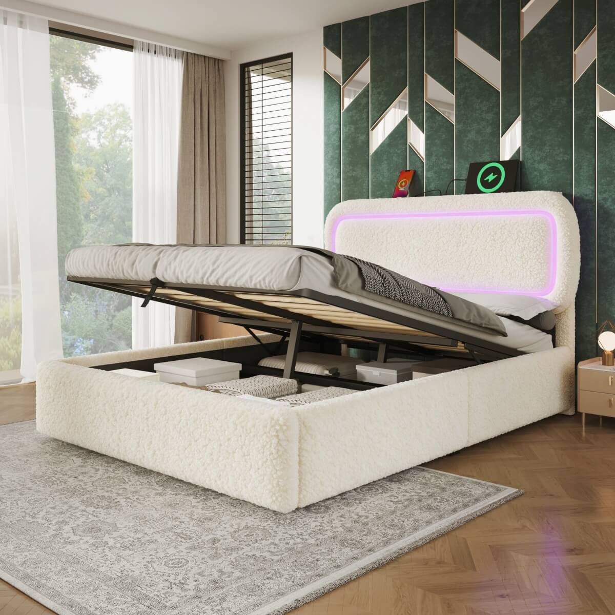 4ft6 Double Boucle Ottoman Bed Frame with Hydraulic Storage - RGB LED Lights, USB-C Charging Ports, Beige