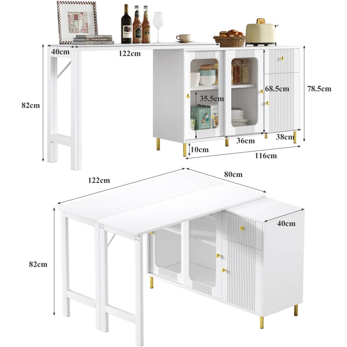 Multifunctional Bar Table – Dining & Storage Cabinet with Rotating Extendable Top and Glass Doors