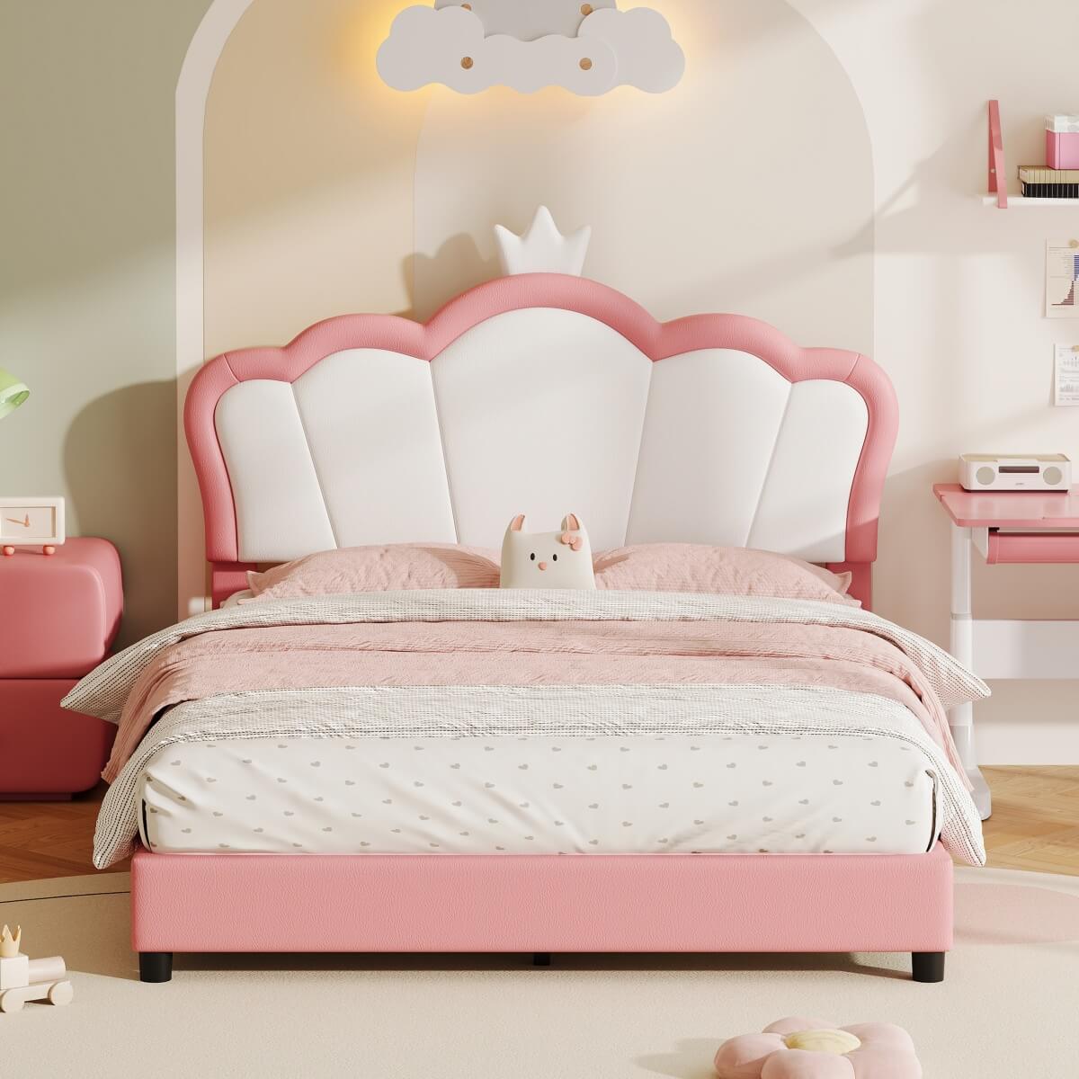 4ft6 Double Upholstered Bed Frame with Adjustable Crown Headboard - PU Platform Bed with Sturdy Support, Easy Assembly, Pink and White
