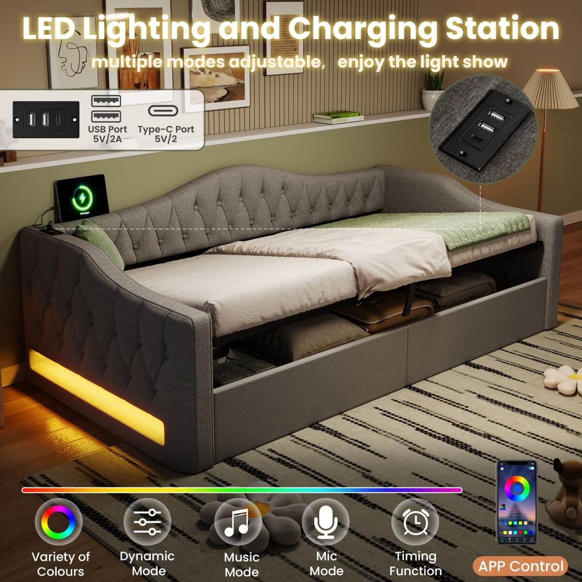 3ft Single Upholstered Ottoman Daybed - Linen Sofa Bed with Hydraulic Storage, Button-Tufted Headboard and Charging Station, Grey