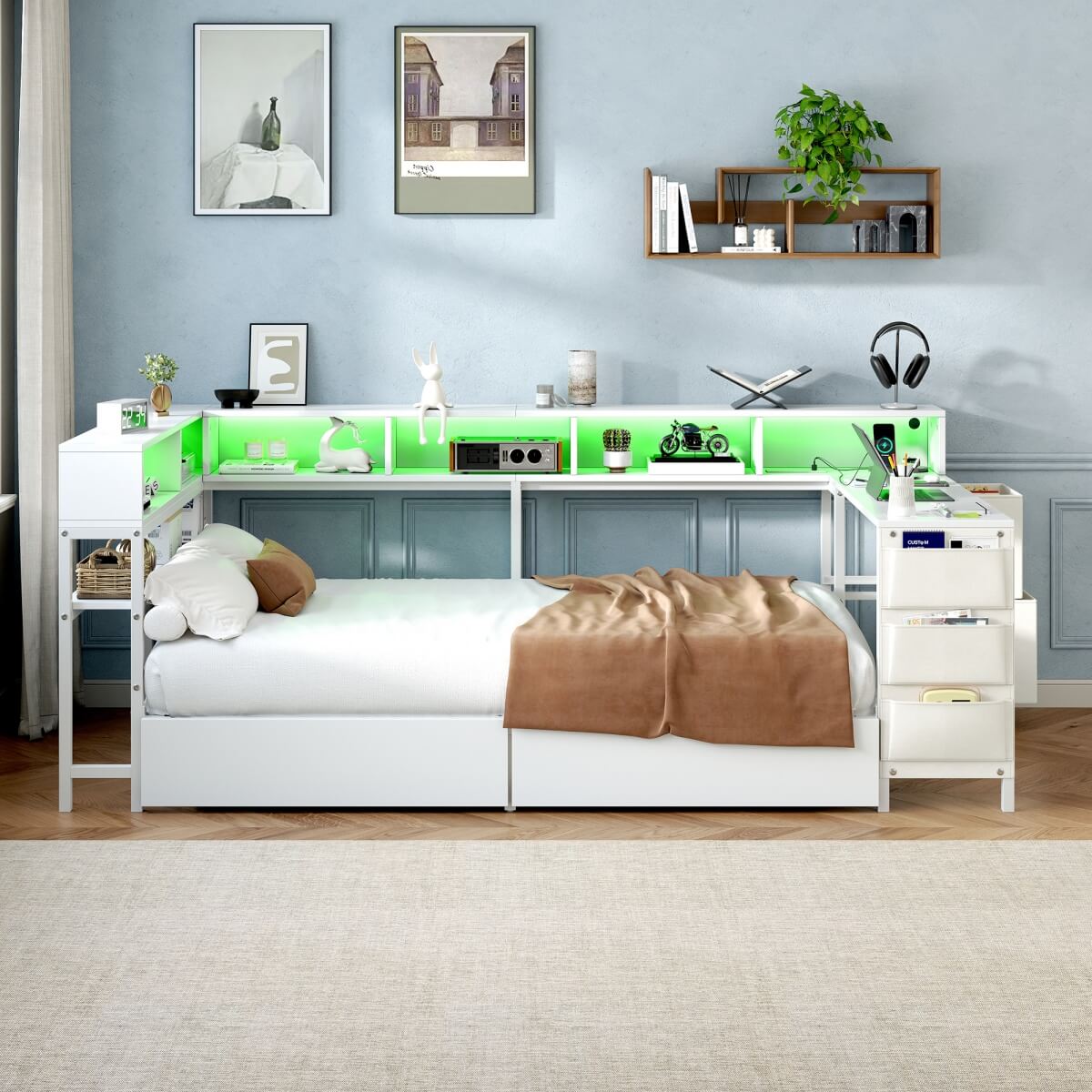 3ft Single Metal Bed Frame with Storage Drawers - LED Bed with Bedside Shelves, Charging Station, Built-In Desk and Fabric Storage Bin, White