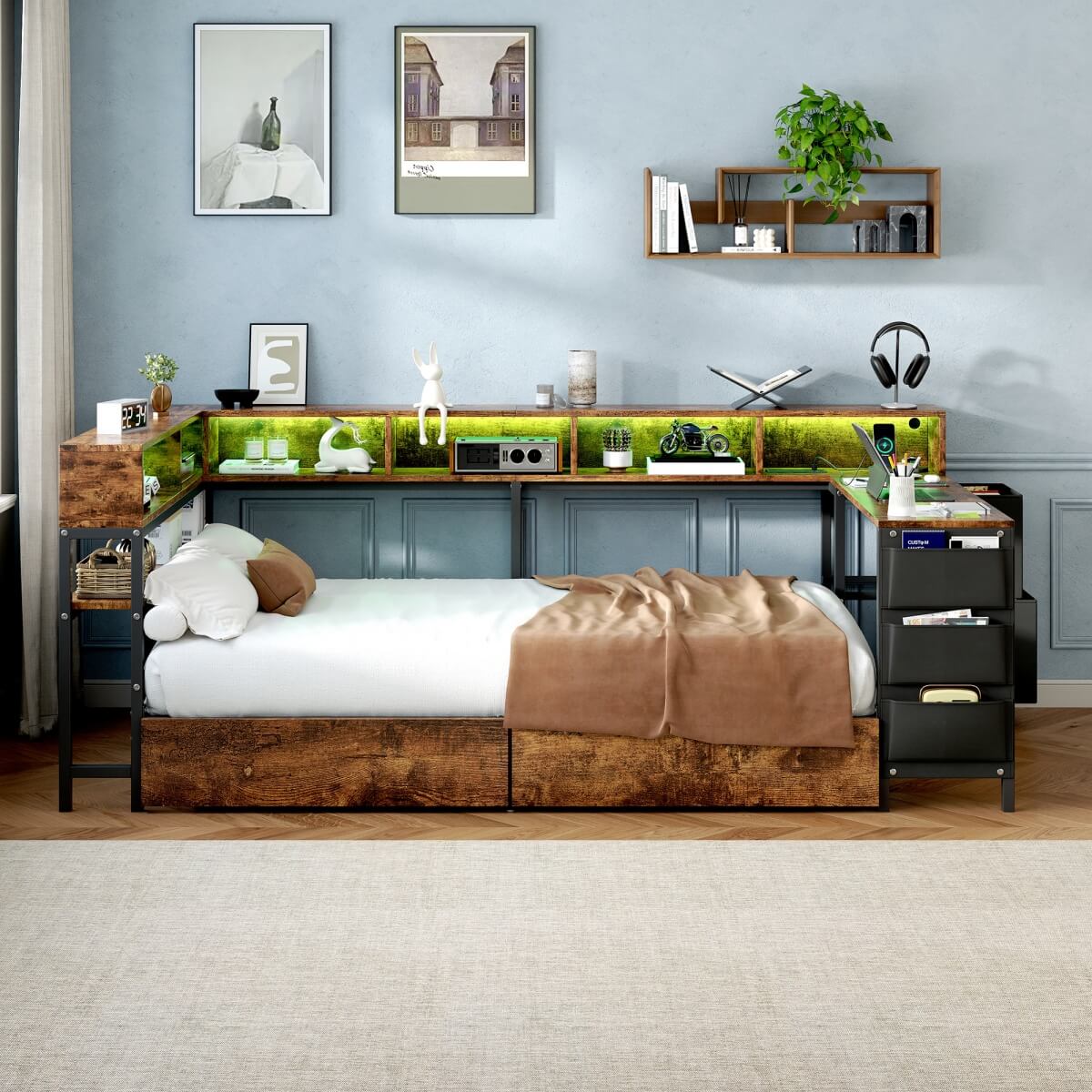 3ft Single Metal Bed Frame with Storage Drawers - LED Bed with Bedside Shelves, Charging Station, Built-In Desk and Fabric Storage Bin, Black and Dark Walnut