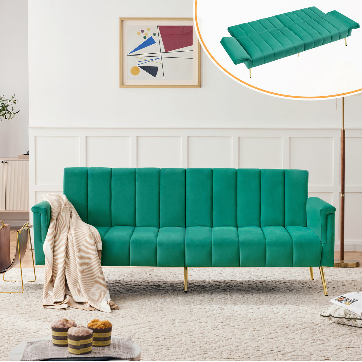 Modern Adjustable Velvet Sofa Bed with MultiPosition Backrest & Armrests, Metal Legs, Convertible Sleeper Function, Ideal for Living Room, Bedroom, Home Theater & Guest Room, Green, Video Included