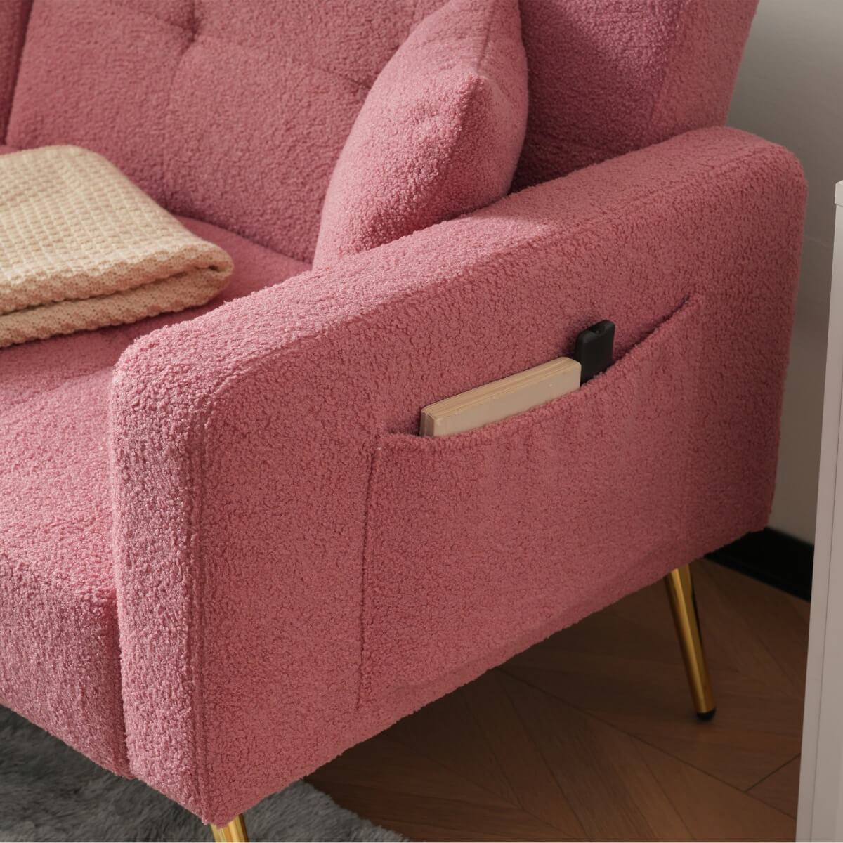 Modern Convertible Sofa Bed - Adjustable Recliner Sofa with Gold Legs and Side Storage Pockets, Pink