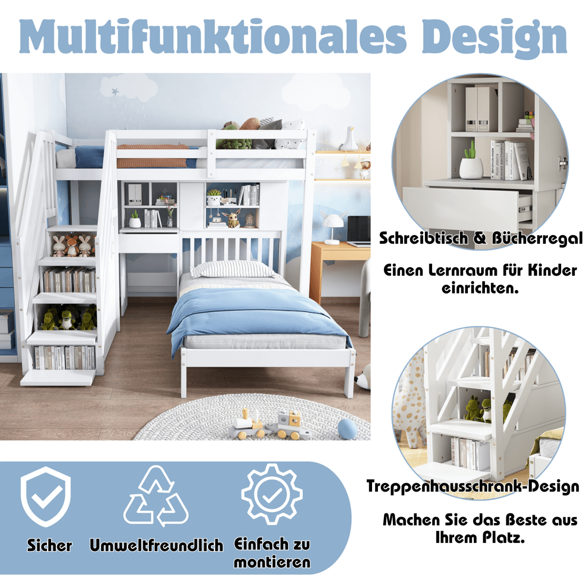 Kids Wooden Bunk Bed with Desk & Storage - 3ft Cabin Bed Frame, White