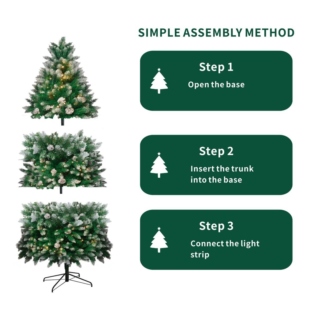 Snow Flocked Artificial Christmas Tree with Pine Cones - Pre-Lit or Unlit PVC Xmas Tree, Warm White LEDs, 5ft 6ft 7ft