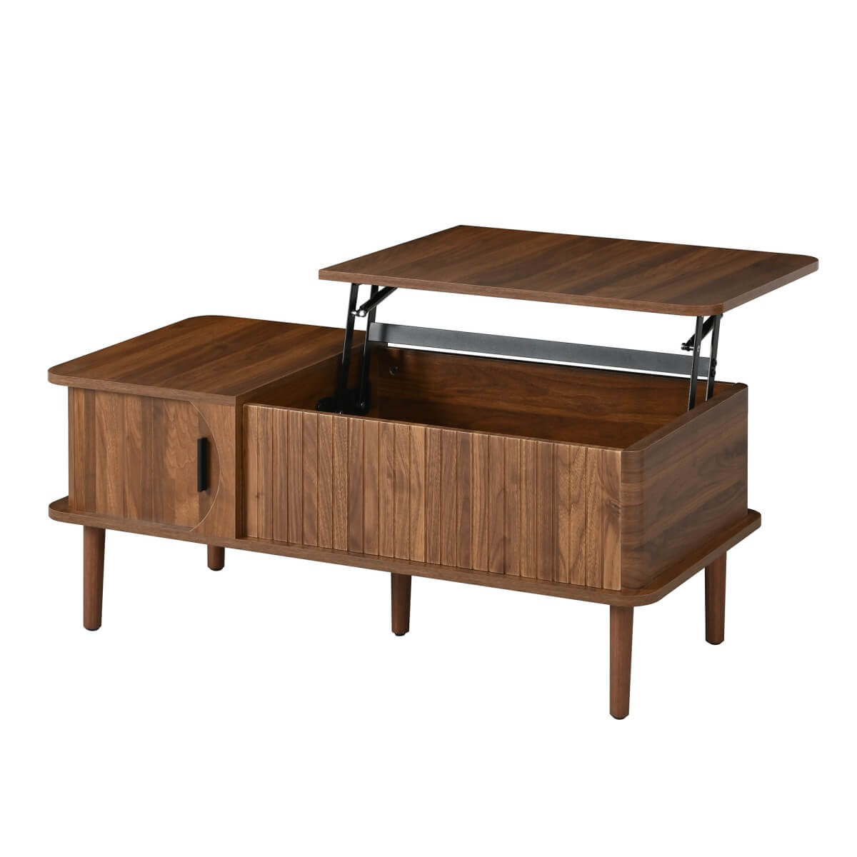 Retro Lift Top Coffee Table with Sliding Door - Walnut Effect Finish, Vertical Slat Design and Wooden Legs, Walnut