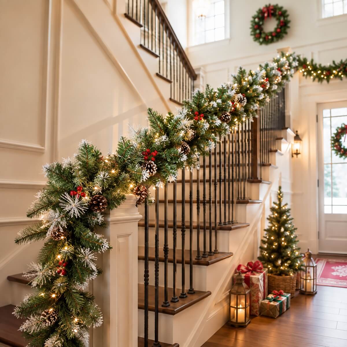 Realistic PVC Christmas Garland - Lush Foliage with Pine Cones, Red Berries & Pre-Lit LED Lights