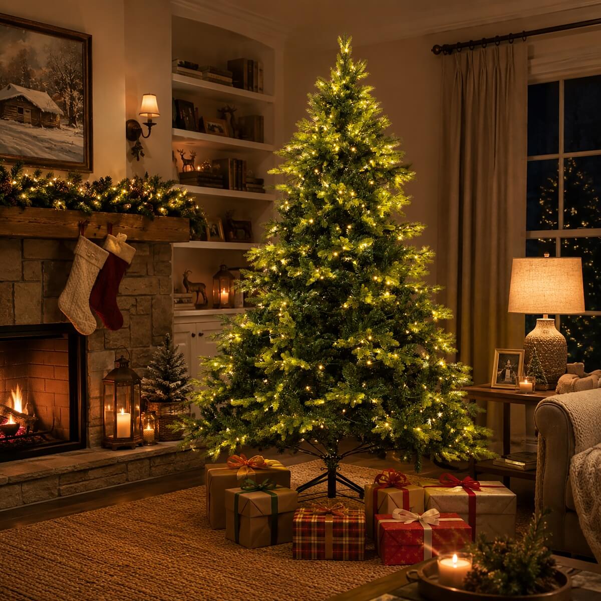 Realistic Full Green Artificial Christmas Tree - PVC & PE Mixed-Foliage Xmas Tree with Pre-Lit Warm White LED Lights, Easy Setup, 6ft/7ft/8ft