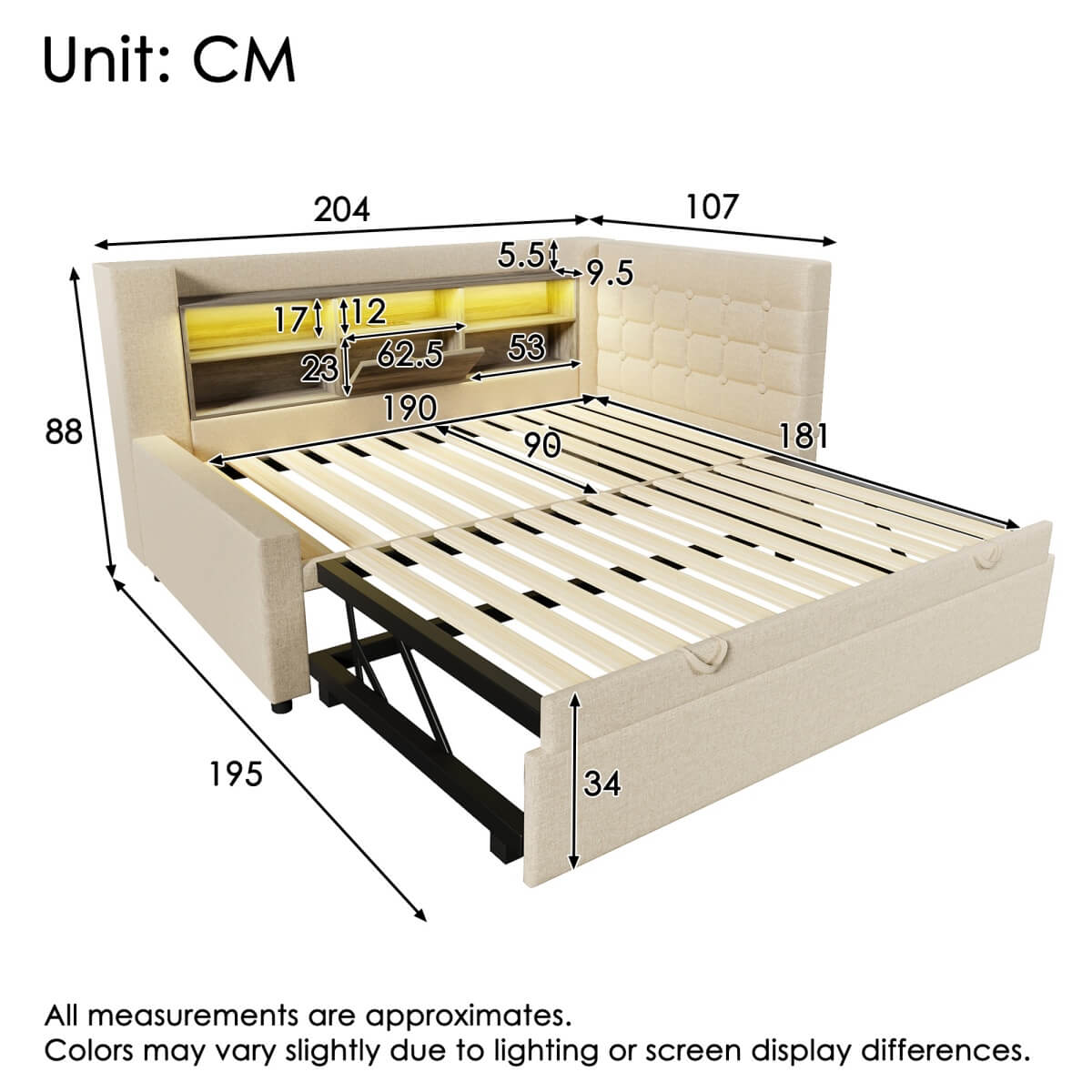 3ft Single Upholstered Sofa Bed with Storage - Linen Daybed with Pull-Out Trundle, USB and Type-C Charging Station, Beige