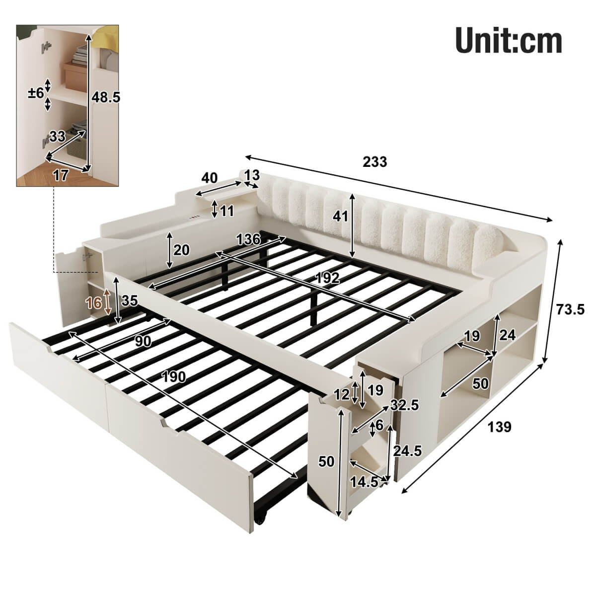 4ft6 Double Wooden Daybed with Pull-Out Trundle - Sofa Bed with Storage Cabinet, USB and Type-C Charging Station, White