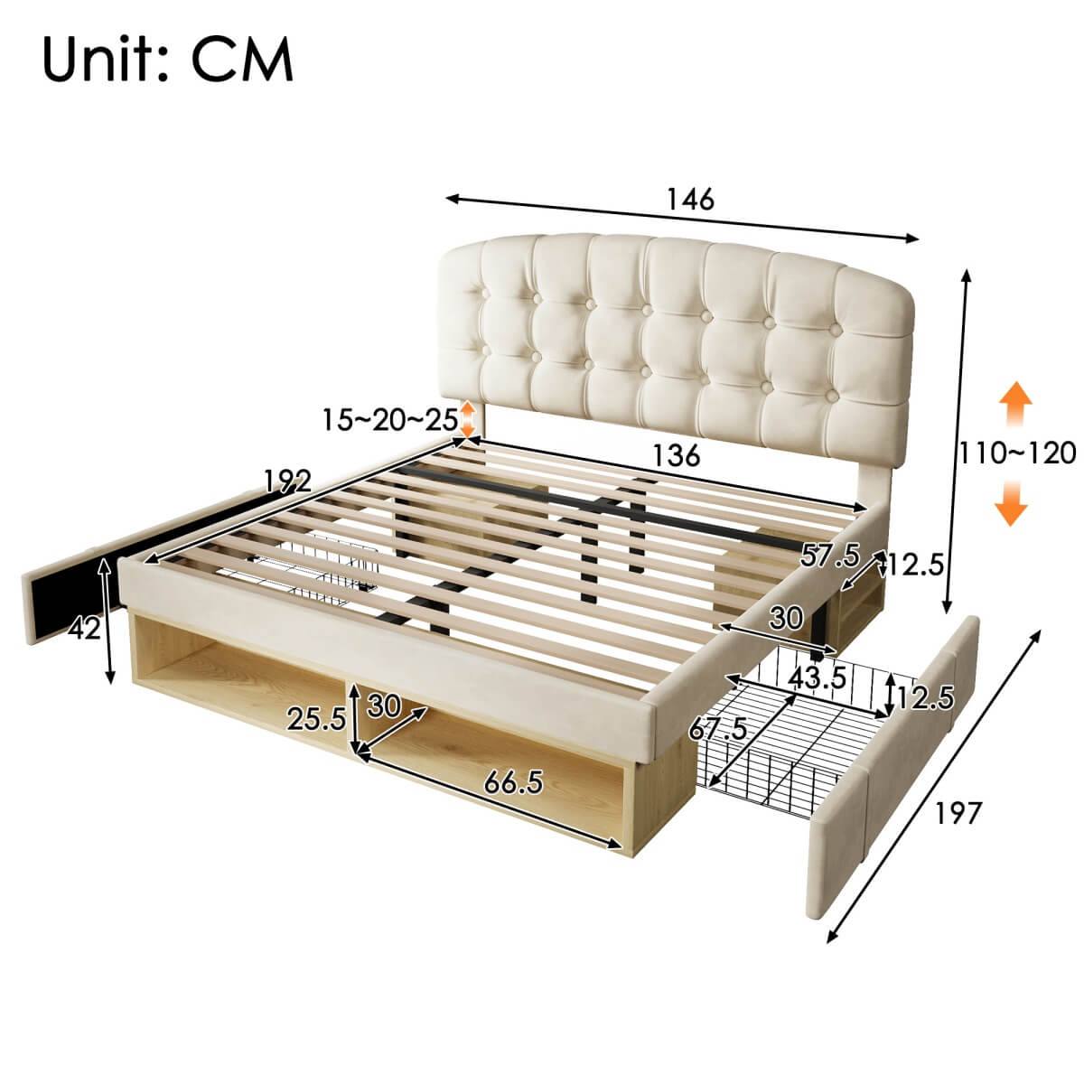 4ft6 Double Velvet Storage Bed - Upholstered Bed Frame with Drawers and Adjustable Headboard, Beige