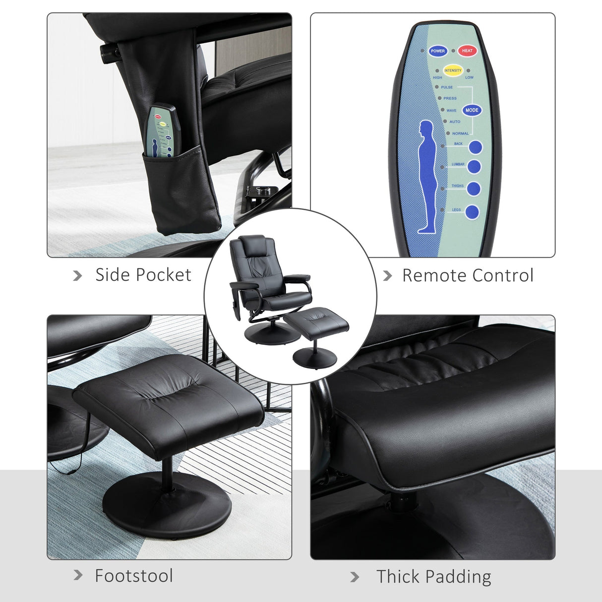 Swivel Recliner Chair and Footstool, Massage Armchair with Remote Control, Black Faux Leather
