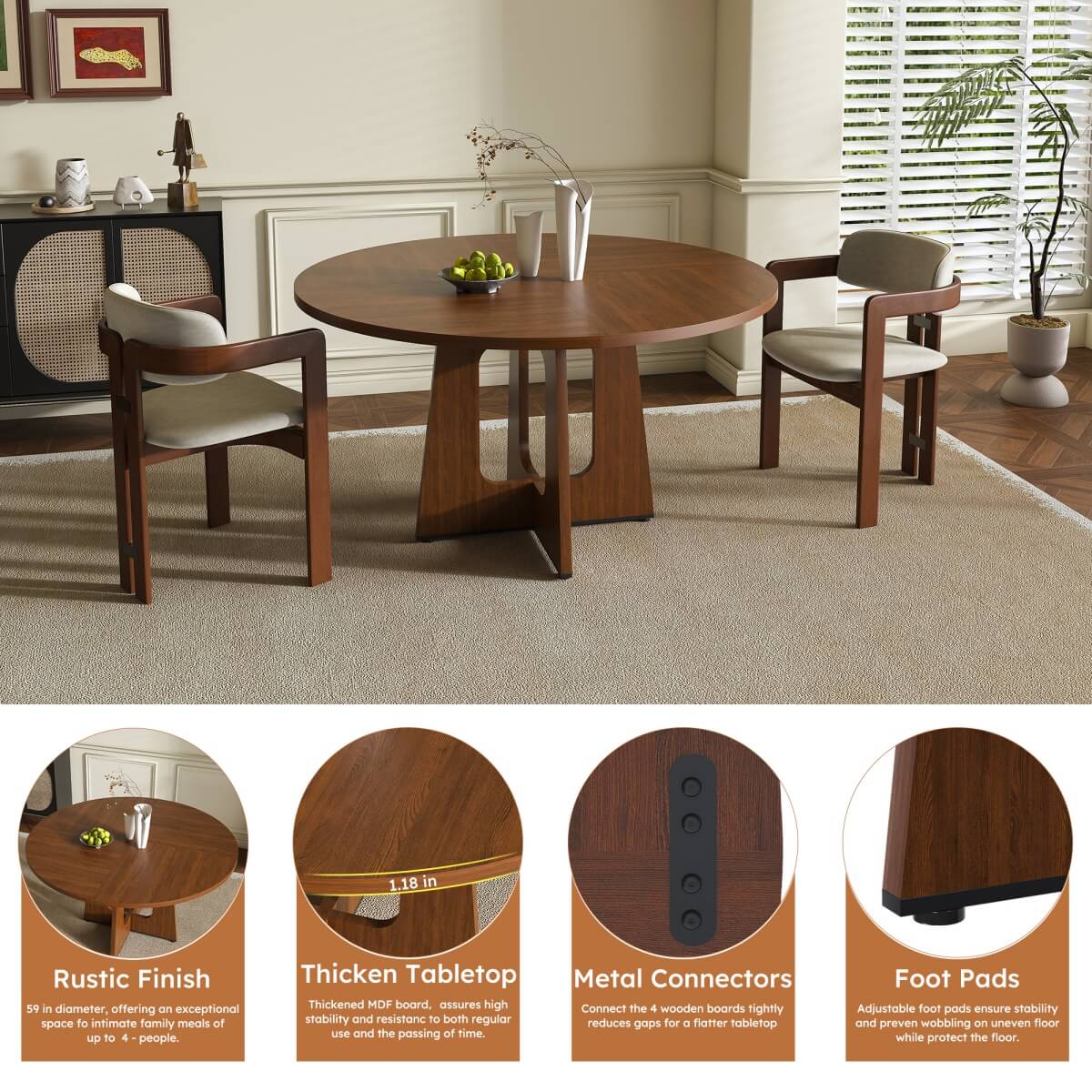 Round Dining Table for 4 - 47 Inch Farmhouse Kitchen Table with Wood Grain Finish, Circular Dining Table for Dining Room & Kitchen, Walnut