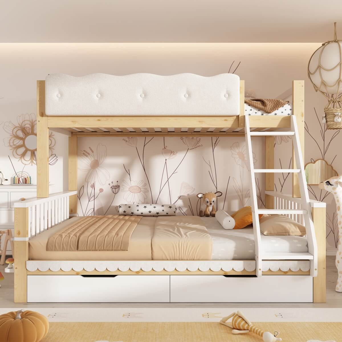 Wooden Bunk Bed for Kids - Single Over Double Bunk Bed with Drawers & Side Bookcase, White & Natural
