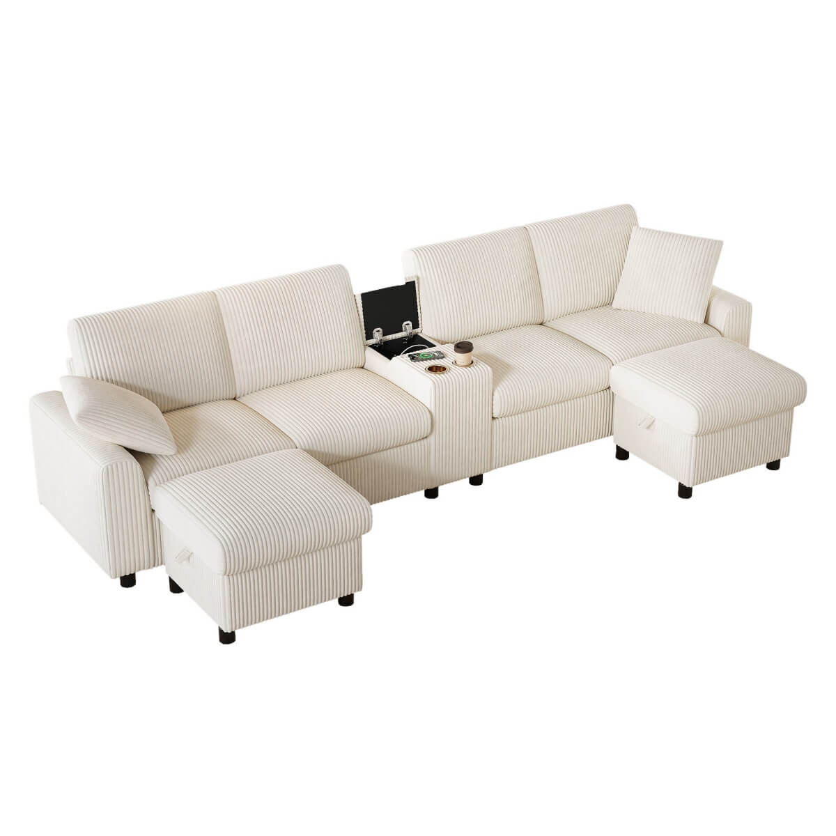 U Shaped Corduroy Sectional Sofa - Modular Sofa with Storage Ottomans, USB & Type-C Charging, Beige