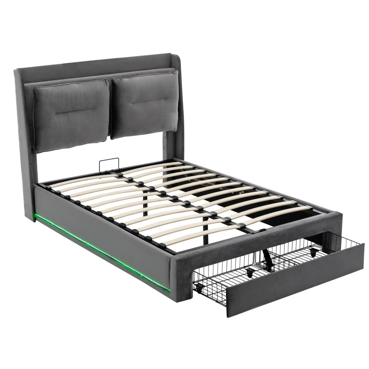 4ft6 Double Upholstered Storage Bed – Velvet Hydraulic Bed with End Drawers, Recessed LED Light Strips & Slatted Frame