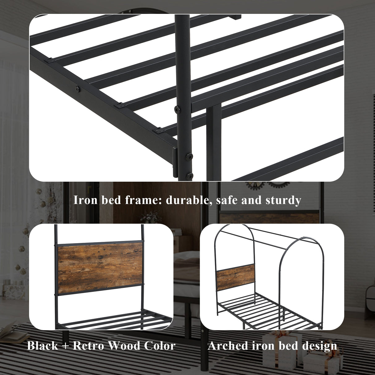 Metal Bed, 3FT Single Bed 90x190cm, Durable and Sturdy Canopy Twin Bed, Black+Wood Color, Iron