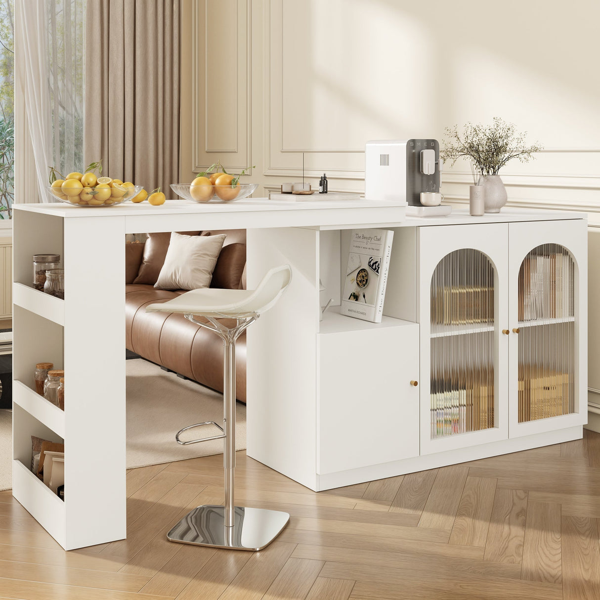 Bar Table, 360?? Rotating Dining & Storage Cabinet with Glass Door, White