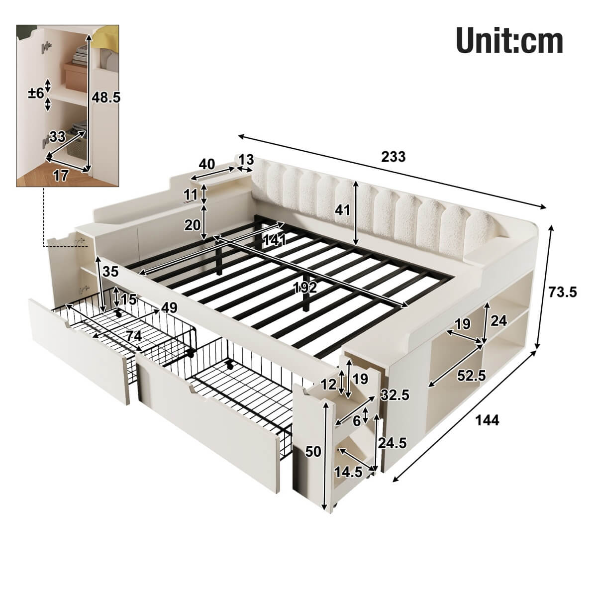4ft6 Double Wooden Daybed with Side Storage Cabinet - Multifunctional Sofa Bed with USB and Type-C Charging Station, White