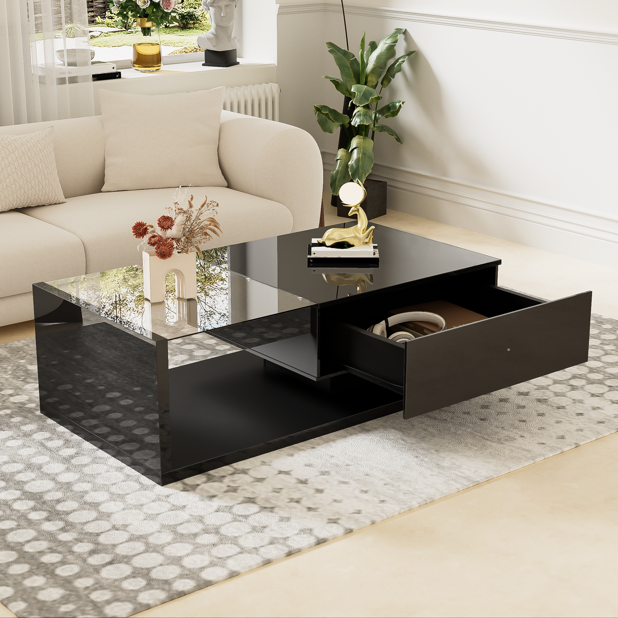 Coffee Table, High-Gloss Black with Push-Pull Storage