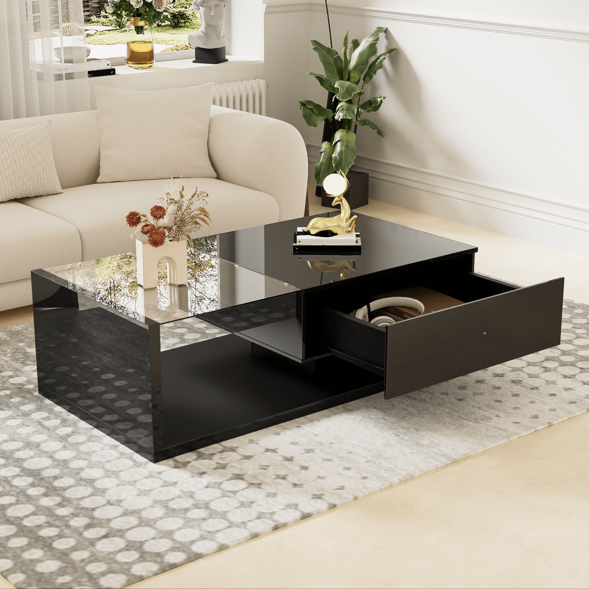 LED Coffee Table - High Gloss Black, Glass Top, Modern Living Room Table