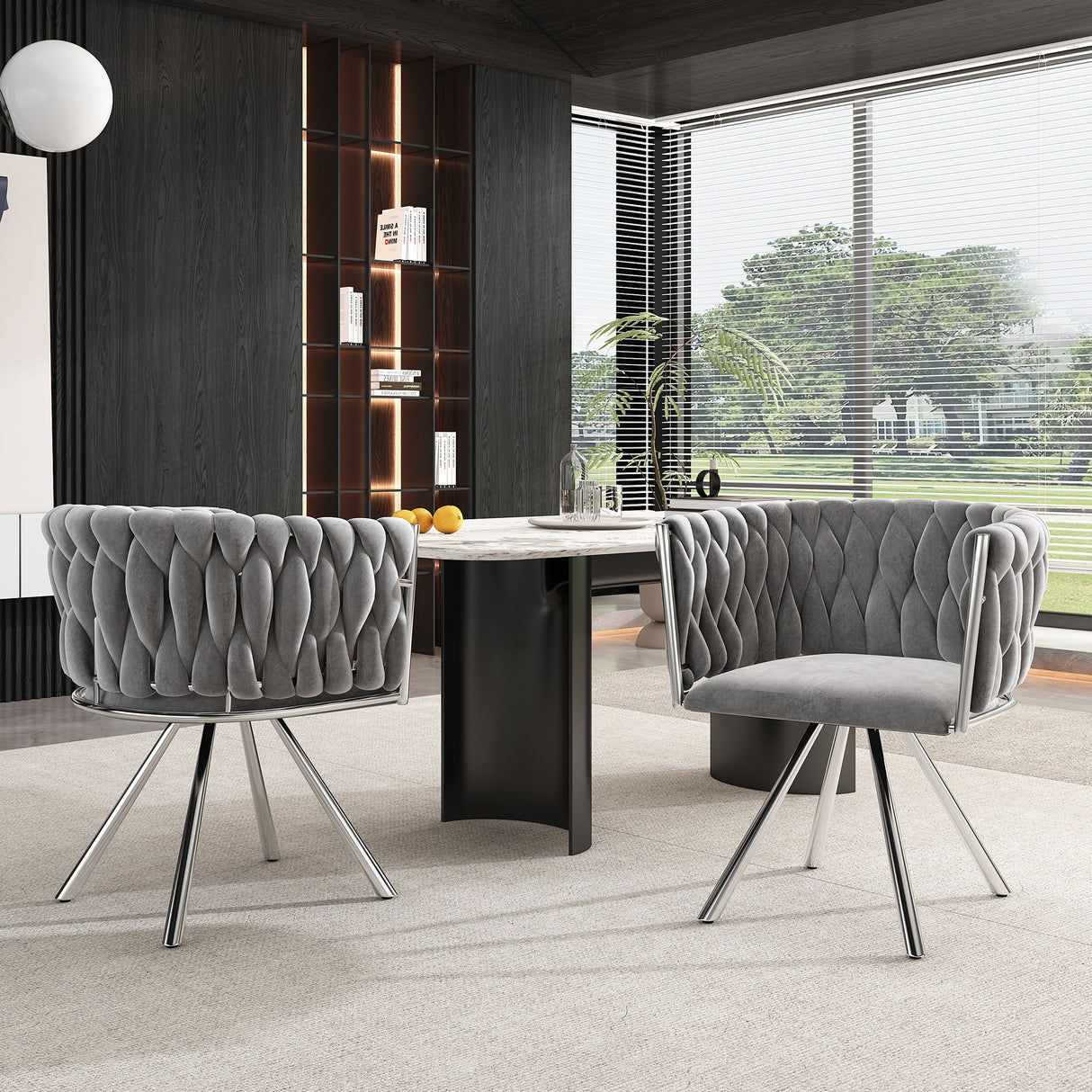 Set of 4, velvet dining chair, single light luxury living room bedroom swivel chair, Leisure swivel chair with four metal support legs, grey+silver