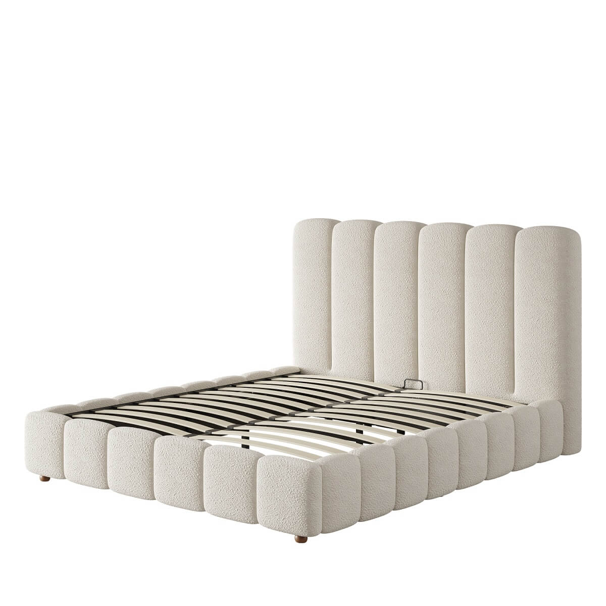 4ft6 Double Upholstered Bed with Hydraulic Storage - White Bouclé Bed Frame with Padded Headboard & Slatted Base