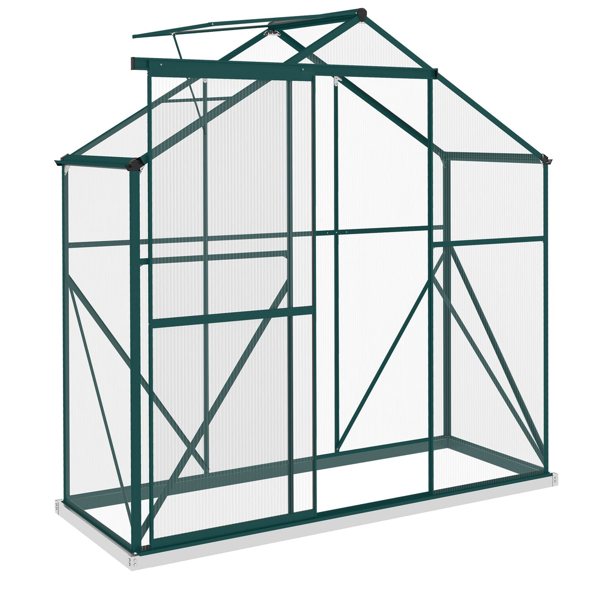 Greenhouse Walk-In with Rain Gutter, Sliding Door, Window, Foundation, Green