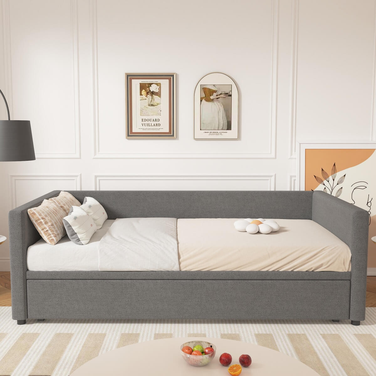 3ft Upholstered Daybed with Pull-Out Trundle - Convertible Single to Double Bed, Linen Grey